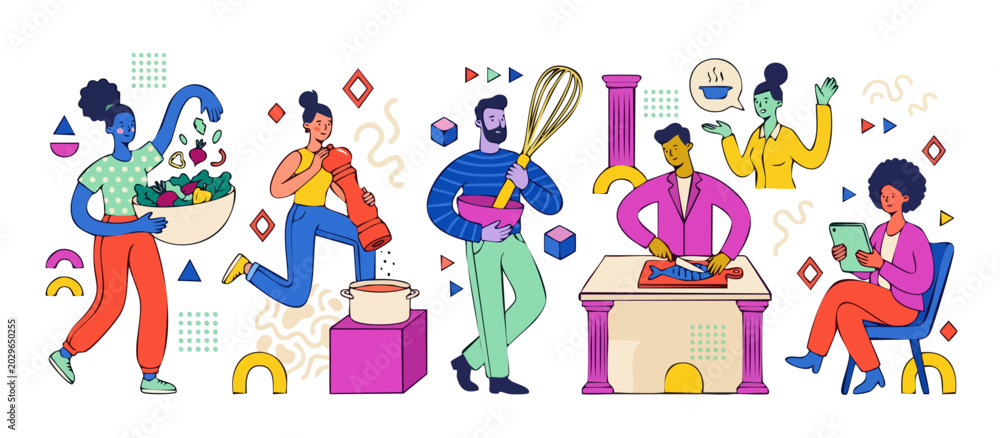 Obraz premium People cooking food vector illustration preparing healthy meals, tossing salad, slicing fish, whisking, and reading digital recipes, colorful modern geometric Memphis style banner poster design