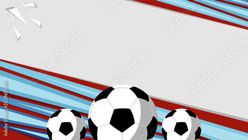 Soccer Ball Graphic Background with Red and Blue Abstract Stripes. Dynamic sports background featuring three soccer balls and colorful red and blue abstract geometric stripes