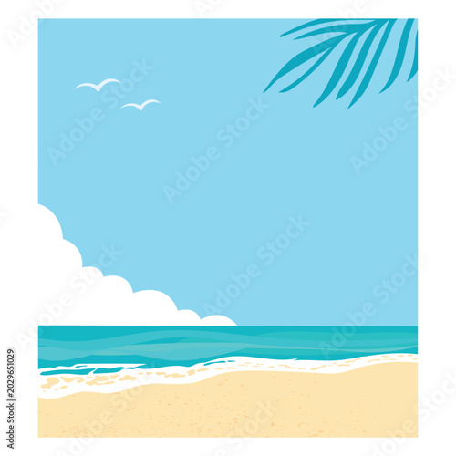 Photography Tropical beach background with an ocean and palm leaves