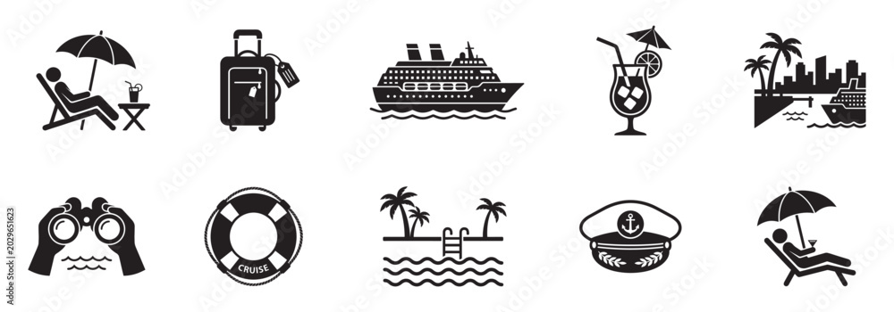 Obraz premium Cruise ship, ocean travel and vacation icon set. Baggage, cocktail, binoculars, and lifebuoy symbols. Vector Illustration. 