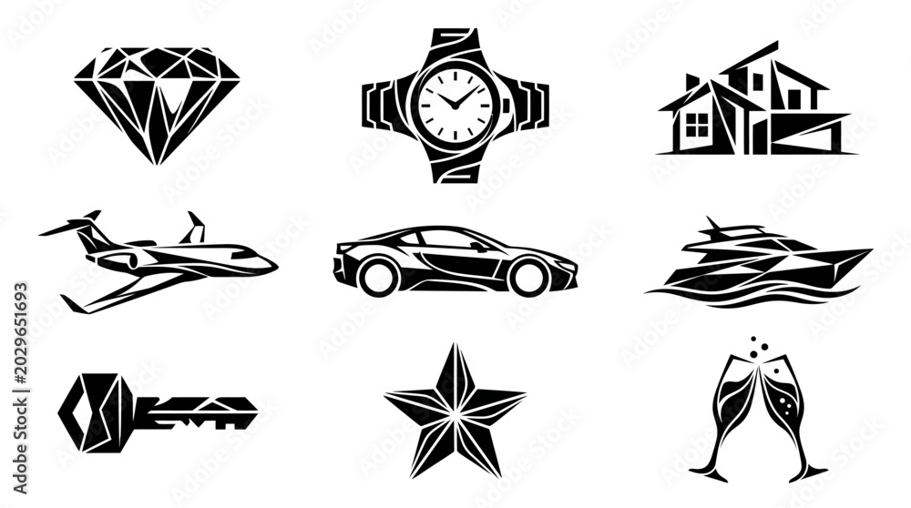 Fototapeta premium Modern luxury automotive and premium business icon collection featuring sports car finance achievement and elegant lifestyle branding symbols in sophisticated monochrome vector illustration