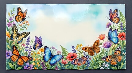 Watercolor butterfly garden frame with colorful monarchs, blue morphos and wildflowers creating decorative border on white background for spring designs.