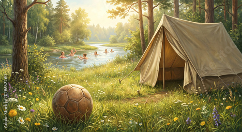 Camping scene by river with tent and soccer ball in summer  