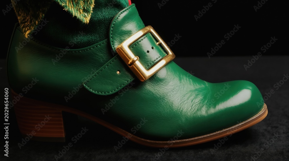 Fototapeta premium Green leather elf boot with gold buckle. Festive footwear for holiday celebration. Ideal for Christmas or fantasy themes. Shiny, polished, and fun.