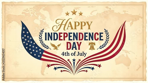 Animated Independence Day message on vintage map background. 4K Video