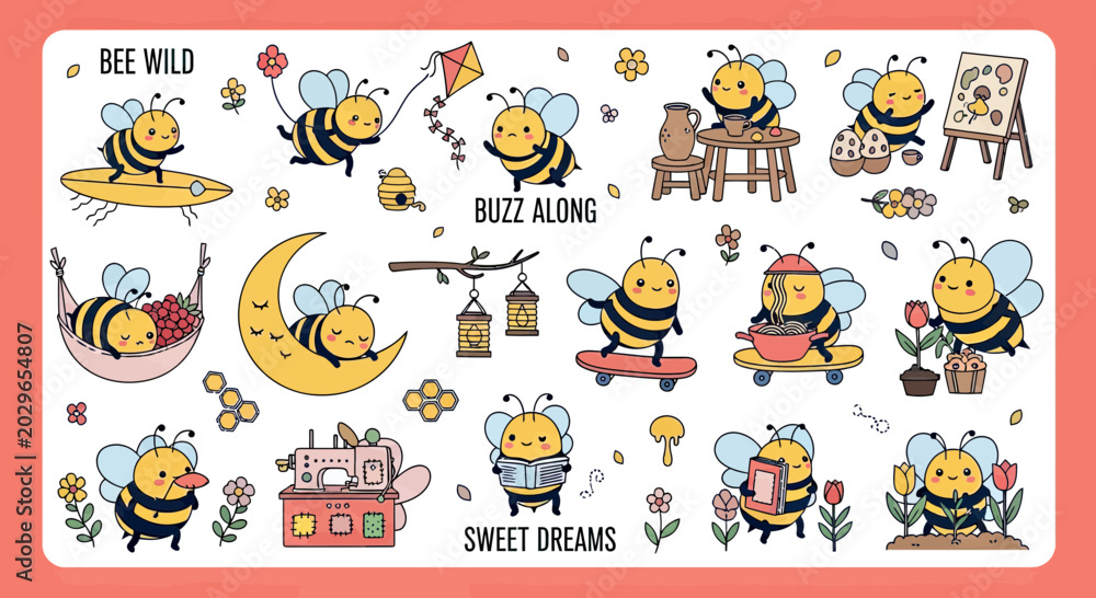 Obraz premium Cute Kawaii Bee Character Sticker Set, Hand Drawn Doodle Style Bumblebee Illustration Bundle with Various Hobbies and Activities