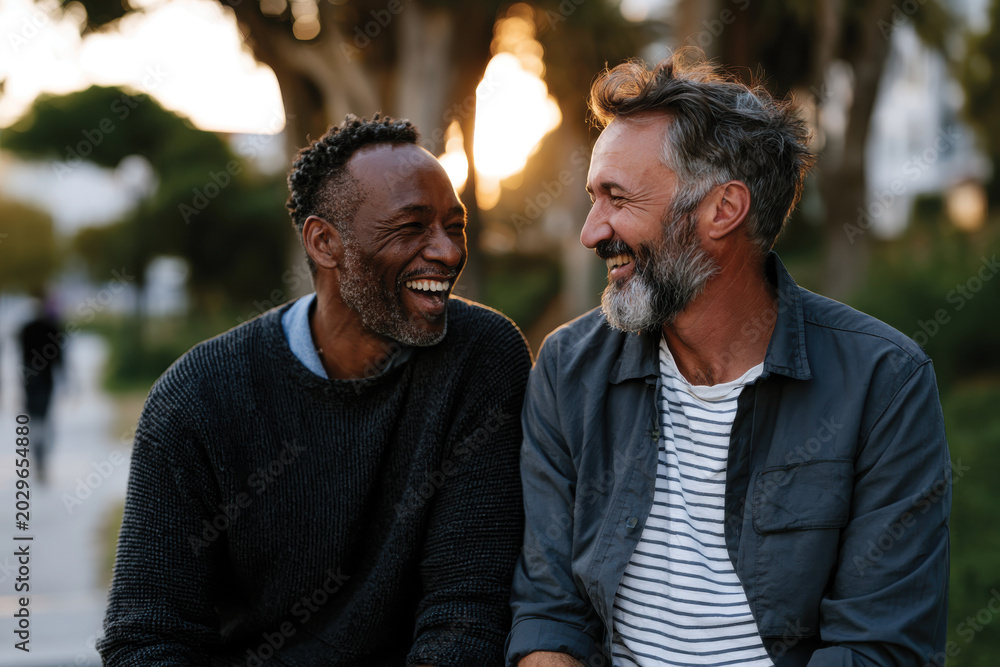 Obraz premium In a Park at Sunset, Gay Couple Share a Moment of Laughter, Embodying Friendship and the Beauty of Life’s Simple Pleasures, Serene Natural Environment, and Warm Emotional Connection at Golden Hour