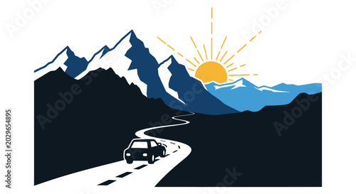 A black silhouette of a car driving on a winding road towards mountain peaks at sunrise.