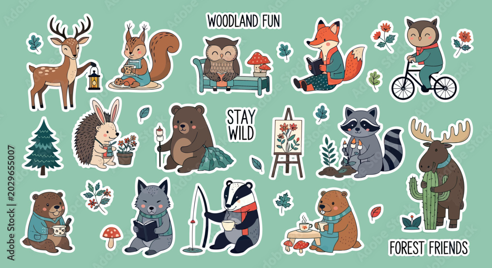 Fototapeta premium Set of Cute Hand-Drawn Woodland Animal Stickers Featuring Bear, Fox, Owl, and Deer Engaging in Hobbies Like Reading and Painting