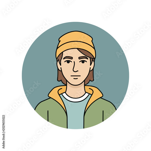 Vector avatar illustration of a young man wearing a yellow beanie and green hoodie, modern flat design profile picture icon