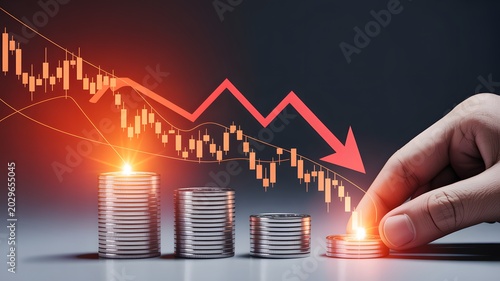 Hand Pushing Coin Stack with Red Downtrend Graph Showing Financial Decline