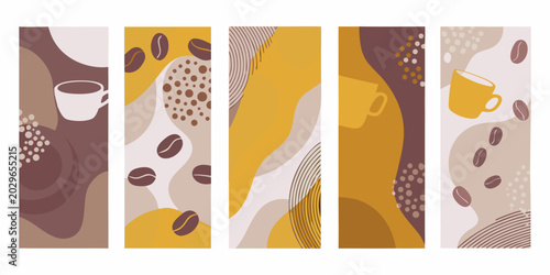 abstract coffee banner set with beans and cups