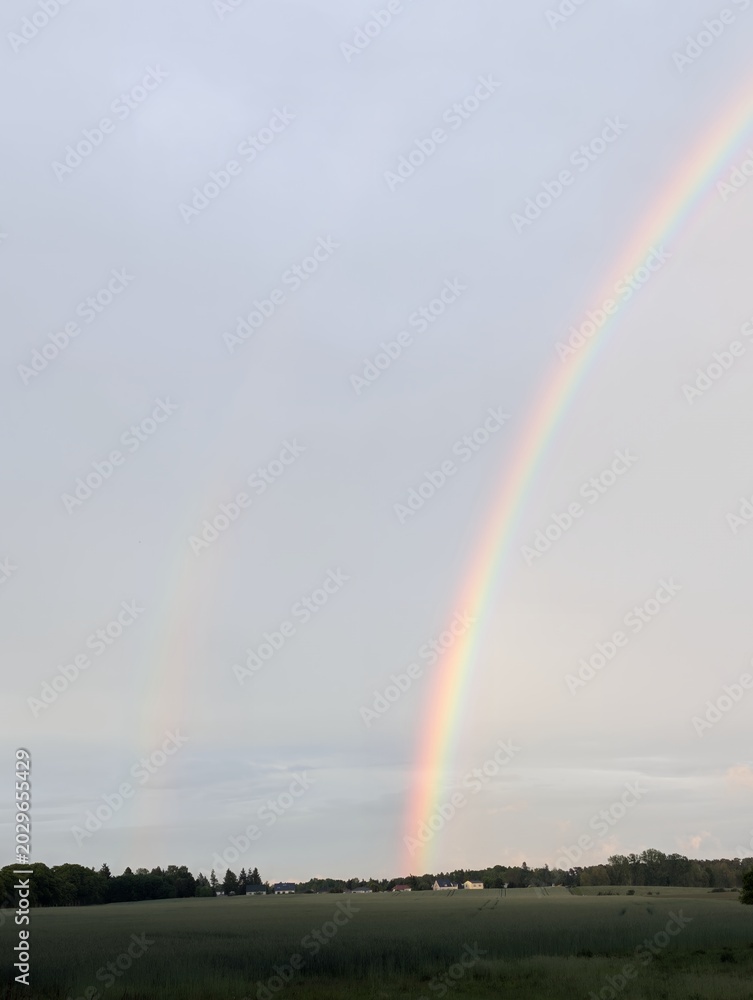 Fototapeta premium A vibrant double rainbow arches across a cloudy sky over a rural landscape with fields and trees below