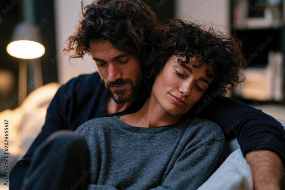 Obraz premium Intimate Scene of Couple Relaxing Together on Couch, Tranquility and Love, Soft Warm Atmosphere with Home Decor Elements, Cozy Domestic Environment and Emotional Connection in Calm Living Room Setting