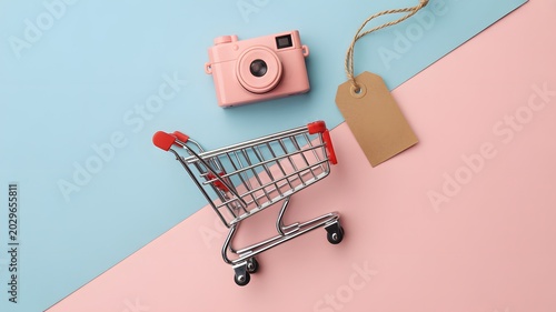 Shopping cart with camera and tag on pastel background