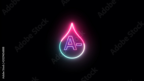 Neon a negative blood type symbol glowing pink and blue within a waterdrop shape isolated on black background with negative, donation