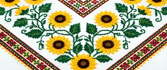 Traditional Ukrainian embroidery pattern with sunflowers and geometric border on white fabric. Folk art textile design for cultural projects and crafts.
