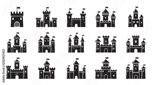 Quadro su tela Castle building icon set with flags, turrets, gates and windows in flat black si