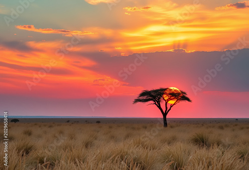  Vast Serengeti savanna with a lone umbrella acacia tree beneath a colorful sunset, endless dry grass moving in the wind, peaceful safari atmosphere, ultra realistic lighting.