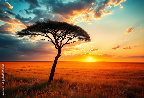   Solitary umbrella acacia tree standing in the heart of the vast Serengeti savanna, golden grasslands stretching endlessly under a dramatic sunset sky, cinematic African wilderness, warm orange glow.