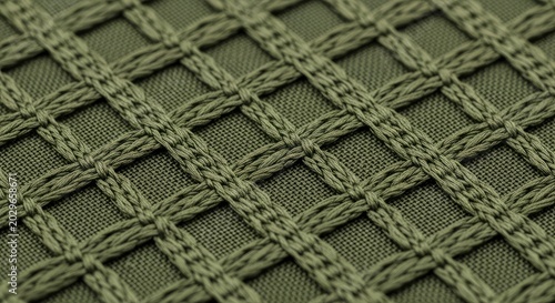 Macro Shot of Durable Olive Green Grid Mesh Fabric Texture, Tactical Gear Material Background