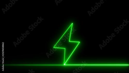 Green neon lightning bolt on black background with electric abstract background illustration energy symbol electricity midnight