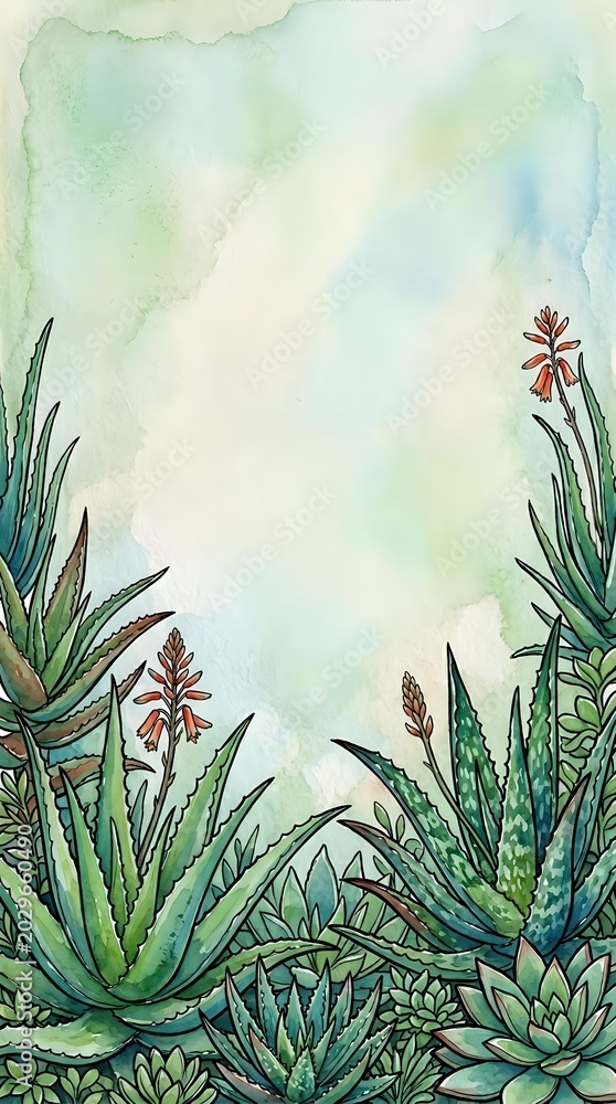 Obraz premium Watercolor succulent and aloe vera garden border with soft green background, copy space for text, great for cards, posters, and nature designs.