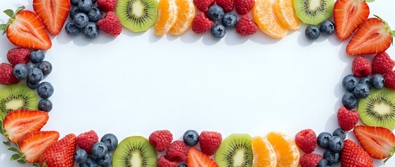 Fresh colorful fruit border frame with strawberries, blueberries, kiwi, raspberries, and orange slices on white background, isolated for design use.
