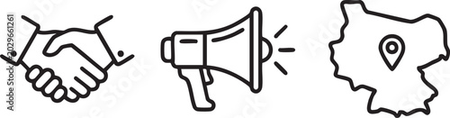 Handshake Agreement Megaphone Announcement and Map Pin Icons