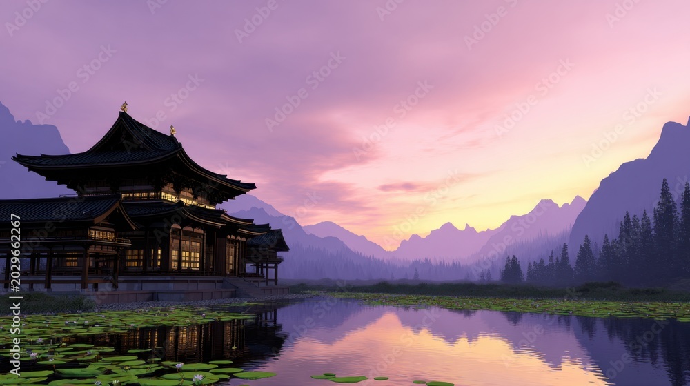 Obraz premium A serene landscape featuring traditional architecture beside a calm lake during sunset