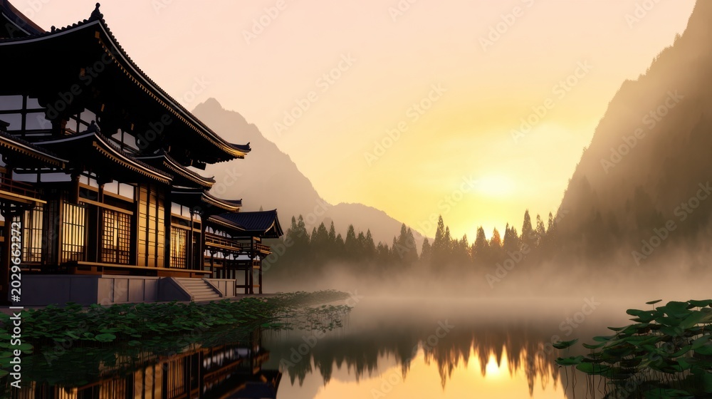 Fototapeta premium A serene landscape featuring a traditional building beside a calm lake, illuminated by sunset