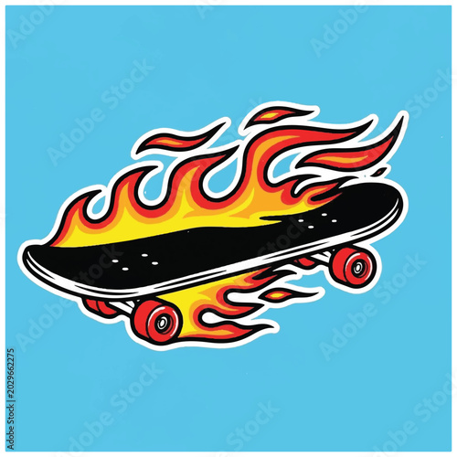 Flaming skateboard with red wheels moving.
