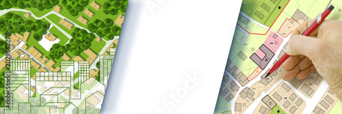 COPY SPACE FOR TEXT WITH URBAN PLANNING AND REAL ESTATE CONCEPT - Conceptual background showing property development, zoning, investment, cadastral mapping and architecture strategy