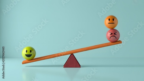 Smiling green ball balances against sad and angry balls on seesaw