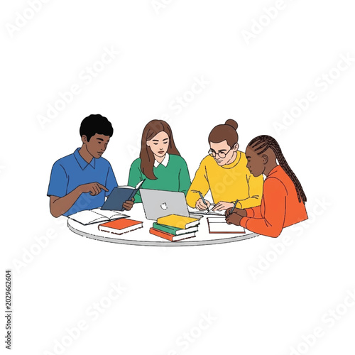 Four diverse students studying together.