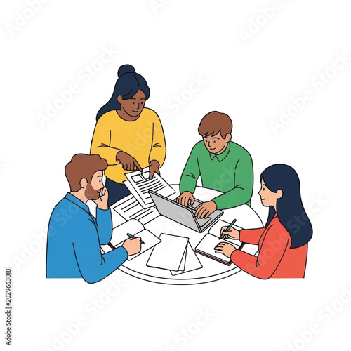 Four people working together at table.
