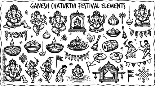 Fotografi Hand-drawn Black and White Line Art of Ganesh Chaturthi Hindu Festival Elements,