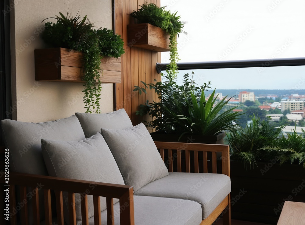 Fototapeta premium Balcony with Japandi design sofa cushions. Hanging wood planters with green plants. Urban view from terrace. Wood paneling on wall. Outdoor seating area with city panorama.