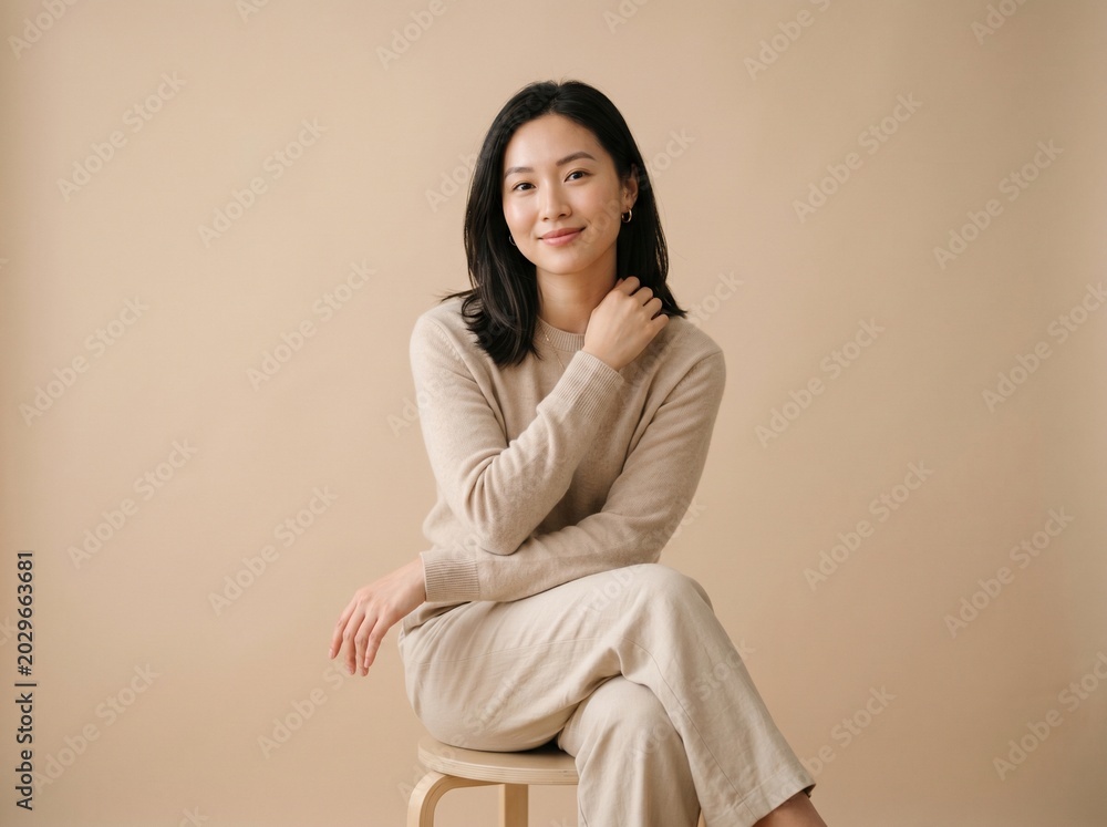 Obraz premium Young Asian woman sitting on a wooden stool looking at the camera with a gentle smile