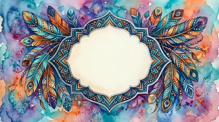 Watercolor boho frame with colorful feathers and ornate mandala border on vibrant purple and orange background with copy space.