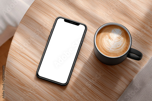 Smartphone mockup beside coffee cup on wooden table