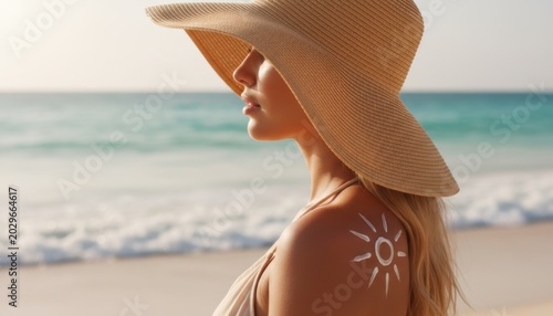 Side profile of woman in straw hat at beach with sun design painted in white sunscreen on her shoulder