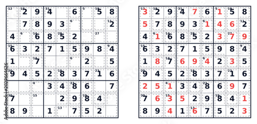 Obraz na plátně Sudoku puzzle grids displaying easy and filled levels of difficulty