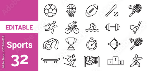 Sports Balls Minimal Flat Line Vector Icon Set. Soccer, Football, Tennis, Golf, Bowling, Basketball, Hockey, Volleyball, Rugby, Pool, Baseball, Ping Pong