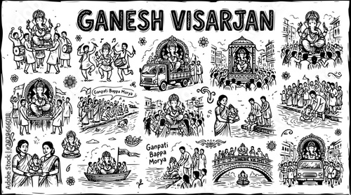 Bild auf Leinwand Ganesh Visarjan Festival Black and White Line Art Illustration