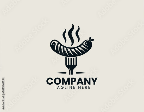 Grilled sausage on fork minimalist black vector illustration