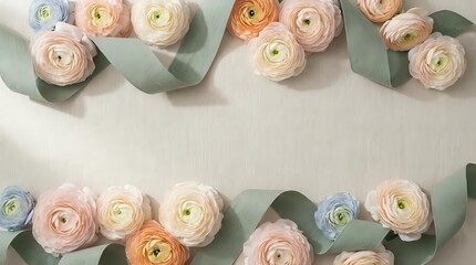Delicate ranunculus flowers in soft pastel colors arranged as elegant border frame with eucalyptus leaves on neutral background for wedding invitations.