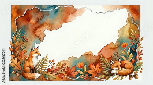 Watercolor autumn forest frame with foxes and foliage on white background, isolated design element for seasonal greeting cards and fall decorations.
