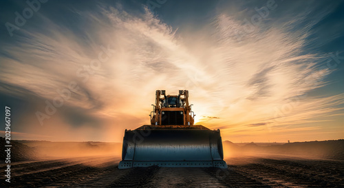 Powerful Industrial Bulldozer at Sunset in Dusty Construction Site