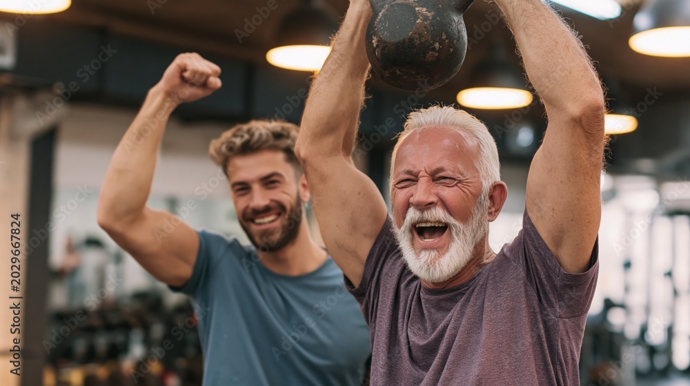 Fototapeta premium A fit older man triumphantly pressing a kettlebell overhead while his young trainer celebrates beside him with a pumped fist in a gym.